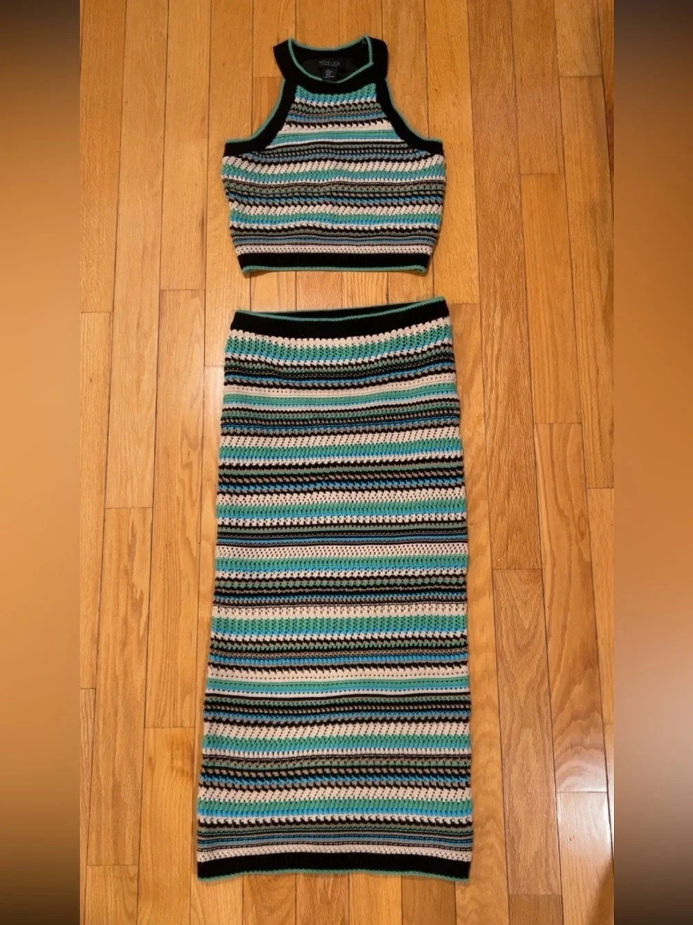 Rachel Zoe Striped Crochet Maxi Skirt & Cropped Tank in Teal, Black & Cream - Picture 1 of 7